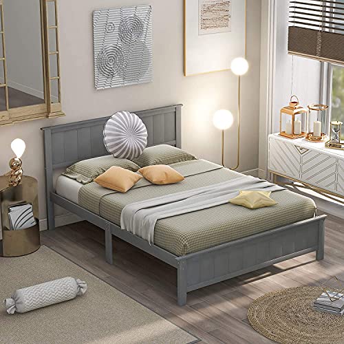 Twin Size Platform Bed, Wood Platform Bed Frame with Storage Drawers, Wooden Platform Bed with Headboard for Kids Boys Girls Teens Adults, No Box Spring Needed, Easy Assembly, Gray