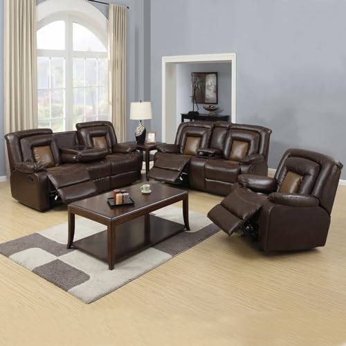 Recliner Sofa Set, Brown Faux Leather Reclining Sofa for Living Room, Living Room Furniture Set for Office/Home/Home Theater Seating (2PCS Sofa+Loveseat)