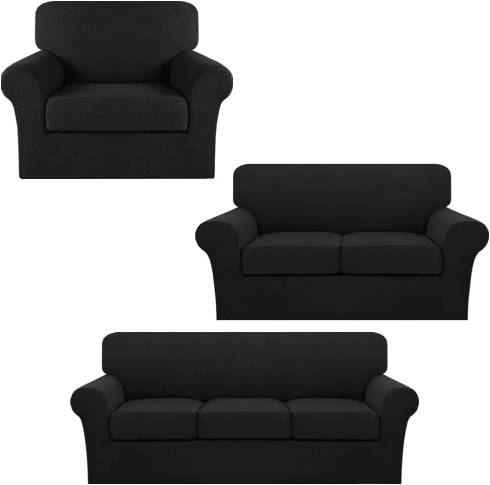 Turquoize Stretch Sofa Covers for 3 Cushion Bundle Loveseat Cover for 2 Cushion Bundle Armchair Cover, Sofa Furniture Covers with Individual Cushion Covers, Black