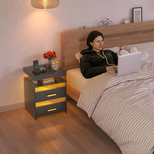Nightstand,Bedside Table with Wireless Charging Station and LED Lights, Modern Bedside Table with 24 Color LED Lights,3 Drawers,Open Compartment