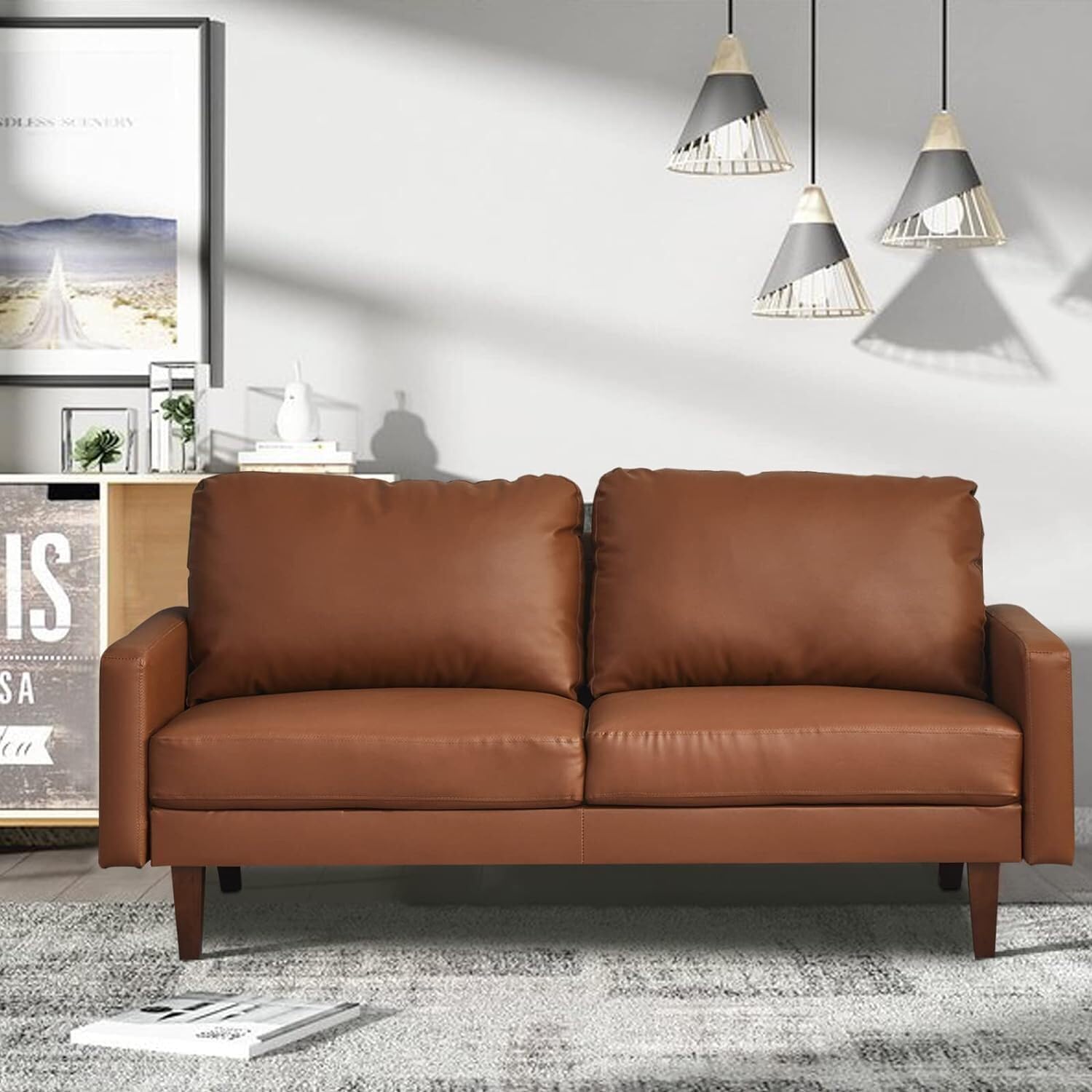 Retro Revival Leather Sofa Modern Couch with Wooden Legs for Living Room, Office - Brown