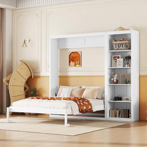 Murphy Bed Cabinet Full Size with 5-Tier Storage Shelves, Multifunctional Space-Saving Folded Wall Bed for Guest Room, Home Office, Solid Wood Slats, No Box Spring Needed