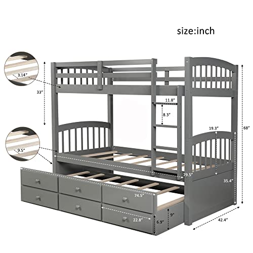 HABITRIO Twin Over Twin Bunk Bed with Twin Trundle,Wood Bunk Bed with 3 Drawers and Built-in Ladder,Space-Saving,No Box Spring Needed,for Living Room/Room/Dormitory,Espresso