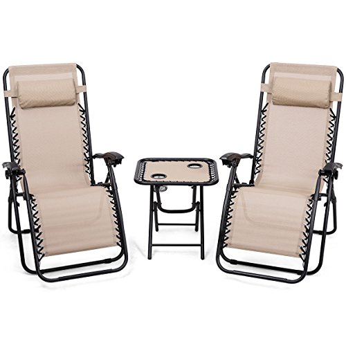 DORTALA 3 PCS Zero Gravity Lounge Chair Set, Outdoor Lounge Chairs w/Removable Headrest and Table w/ 2 Cup Holders, Set of 3 Adjustable Folding Lounge and Table for Balcony Yard Beach Pool, Black