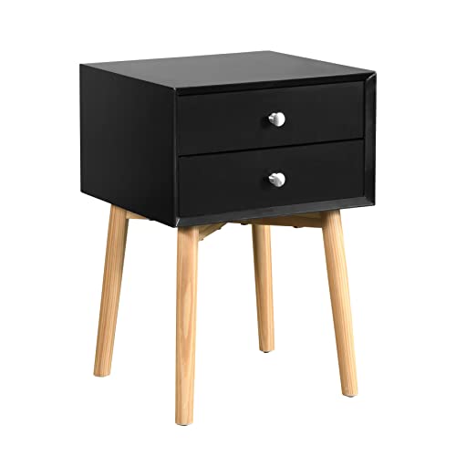 Small Nightstand with 2 Drawers and Rubber Wood Legs