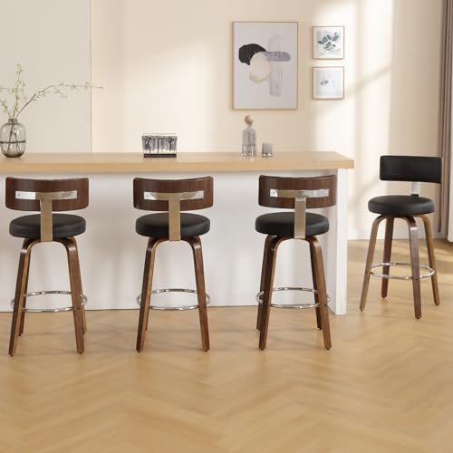 Bar Stools Set of 4, PU Leather 360° Swivel Barstools with Back and Round Seat, Modern 29