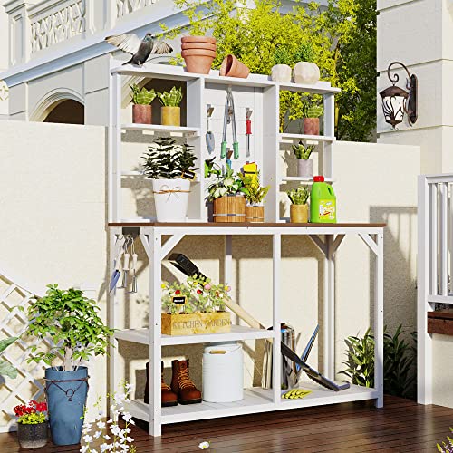 Potting Bench Table with 6-Tier Shelves and Side Hook, Polibi 64.6