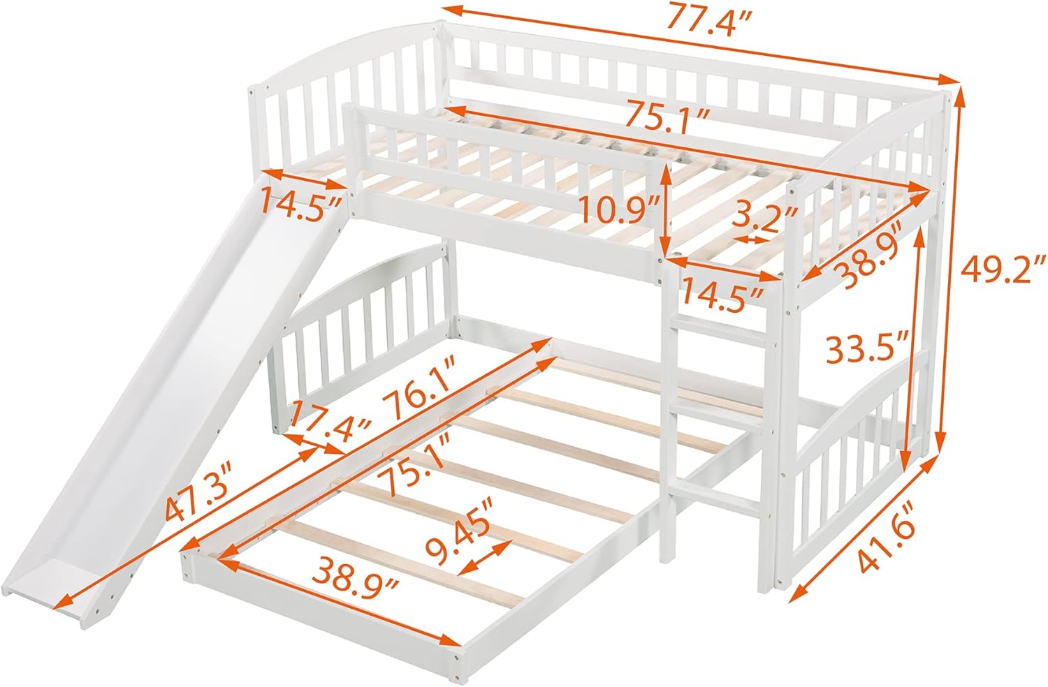 Harper & Bright Designs Low Bunk Bed Twin Over Twin, Wood Floor Bunk Bed with Slide and Ladder, L-shape Bunk Bed for Kids Toddlers Teens Boys & Girls (White)