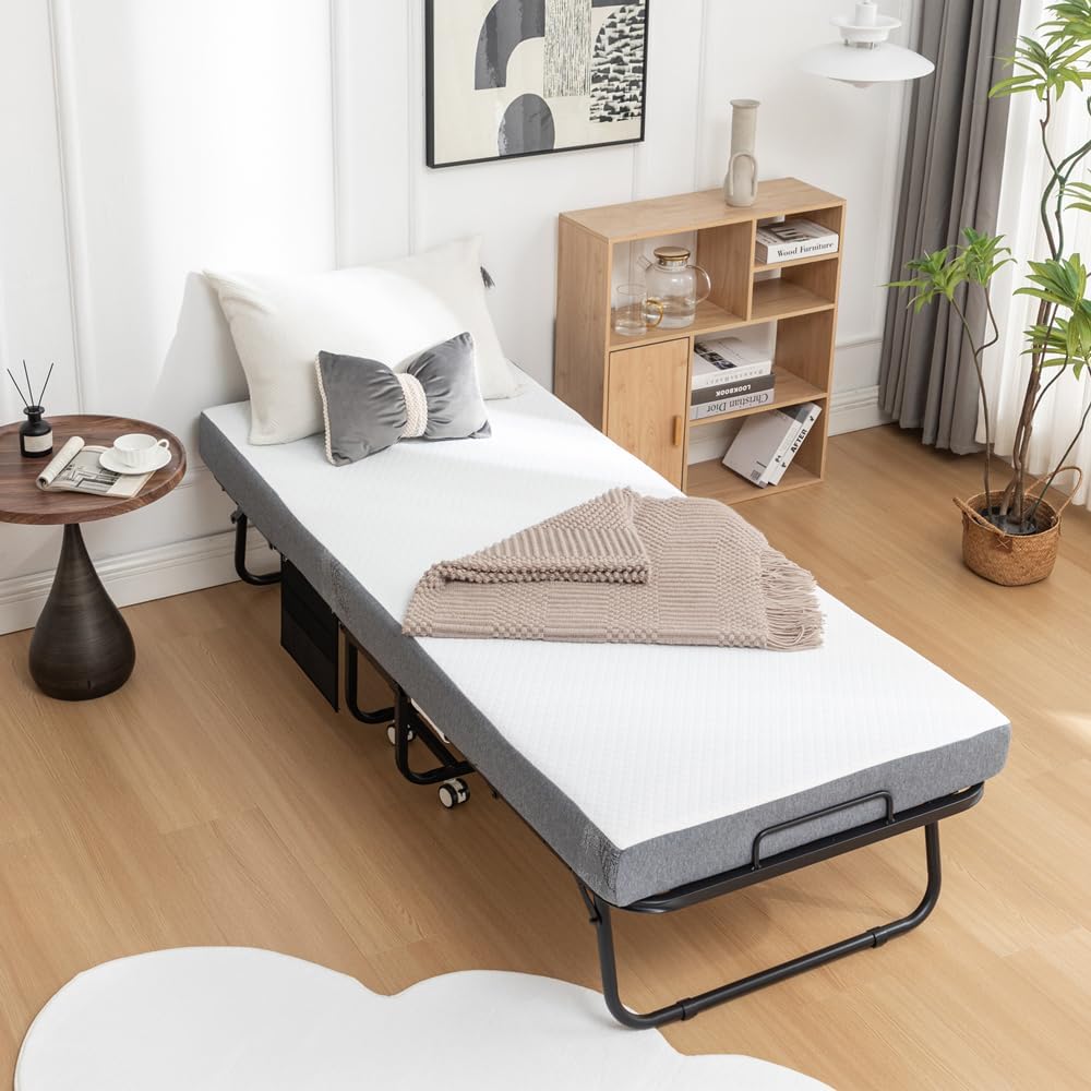 Folding Cot Bed with Mattress for Adults, 75x31 Inches Foldable Metal Platform Bed Frame for Guest with Memory Foam Mattress on Wheels, Saving Space Rollaway Bed, Black Brown