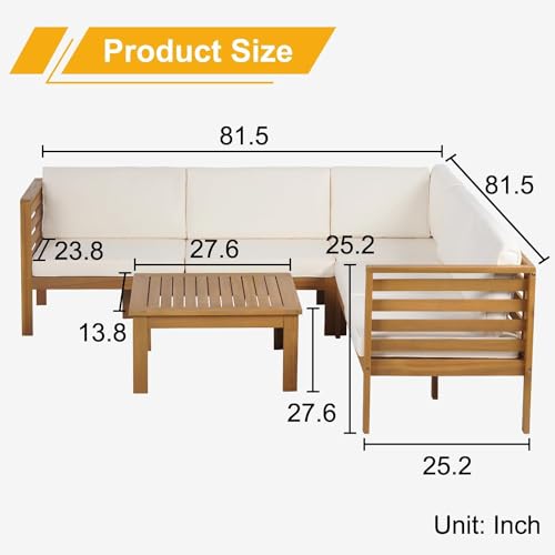 PayLessHere Patio Furniture 4 Pieces Outdoor Furniture L-Shaped Sectional Sofa Conversation Sets Patio Corner Set with Coffee Table Acacia Wood and Waterproof Cushion (Khaki)
