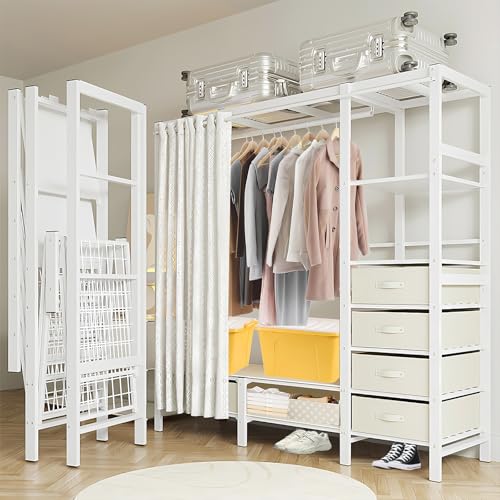Foldable Clothing Rack With Cover, Loads 1100LBS, Heavy-duty Clothes Rack for Bedroom With 4 Drawers And 4 Storage, Clothing Garment Rack for Hanging Clothes Coat Storage Organizer (51in/130cm)