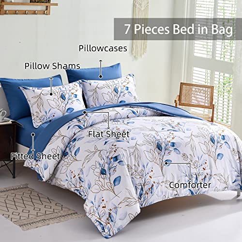 WONGS BEDDING Bule Comforter Set Queen,7 Pieces Botanical Reversible Bed in a Bag Floral Leaves Bedding Set Soft Microfiber(1 Comforter,2 Pillowcase,2 Pillow Shams,1 Flat Sheet,1 Fitted Sheet)