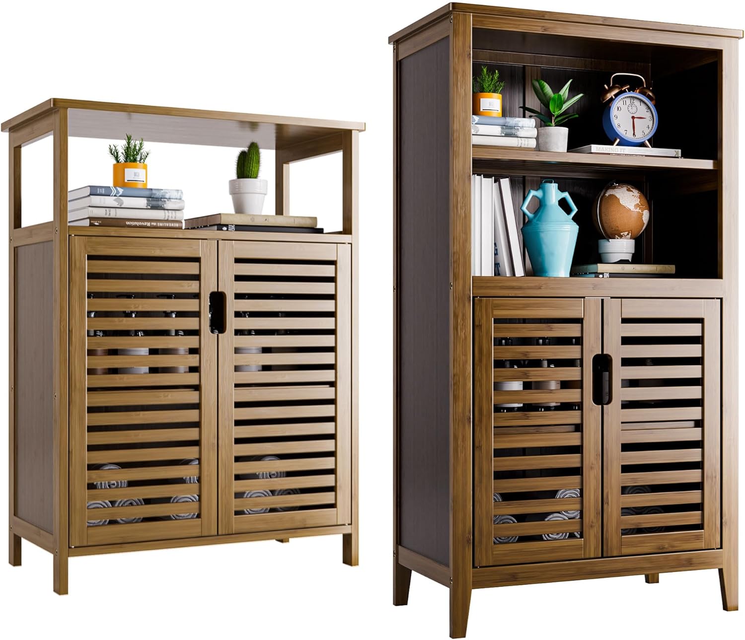 Bathroom Floor Cabinet Bamboo Storage Cabinet Freestanding, Large Side Kitchen Cupboard with Door and Shelf, Space Saving, Walnut