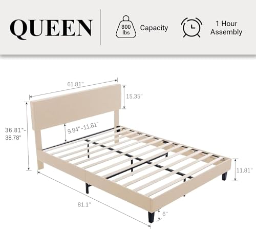 Queen Size Bed Frame with Adjustable Headboard, Linen Fabric Upholstered Bed Frame, Sturdy Wood Slat Support, No Box Spring Needed, Easy Assembly, Grey