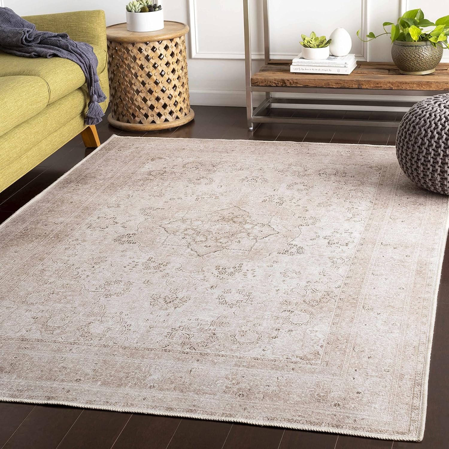 Hauteloom Bethany Traditional Medallion Living Room Bedroom Neutral Area Rug - Machine Washable - Vintage Distressed Faded - Boho Bohemian - Beige, Light Pink, Green - 6'7