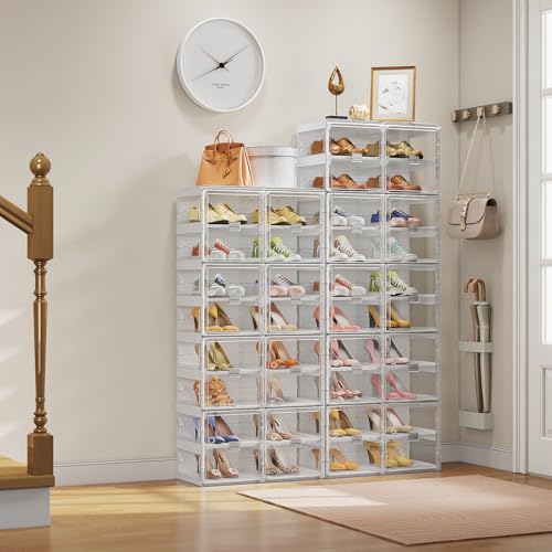 S1 Foldable Shoe Rack for Closet, Shoes Storage Organizer Cabinet for Entryway, Large Stackable Plastic Shoe Box Sneaker Storage with Clear Magnetic Door, 10 Tiers 20 Pairs