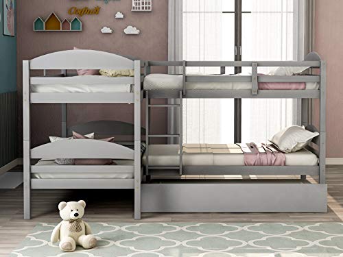 Four Bunk Bed Twin-Over-Twin-Over-Twin-Over-Twin L Shaped Bunk Bed with Trundle, Bunk Bed Can be Divided into 2 L-Shaped Beds for Accommodating 5, Family, Teens, No Box Spring Needed