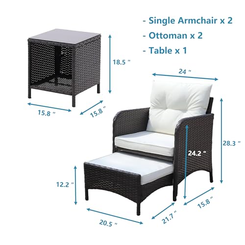 5 Piece Grey Patio Conversation Set, Patio Lounge Chairs Set of 2, Rattan Chairs with Cushions and Ottoman, Patio Furniture for Pool, Garden, Balcony
