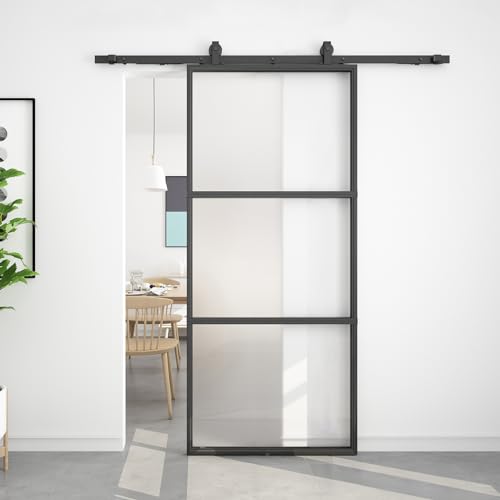 BARNSMITH 36in x 84in Frosted Glass Barn Door with 6FT Top Mounted Hardware kit Include Soft Close Mechanism Black Carbon Steel Tempered Frosted Glass Sliding Door, Assemble Required Easy Installation