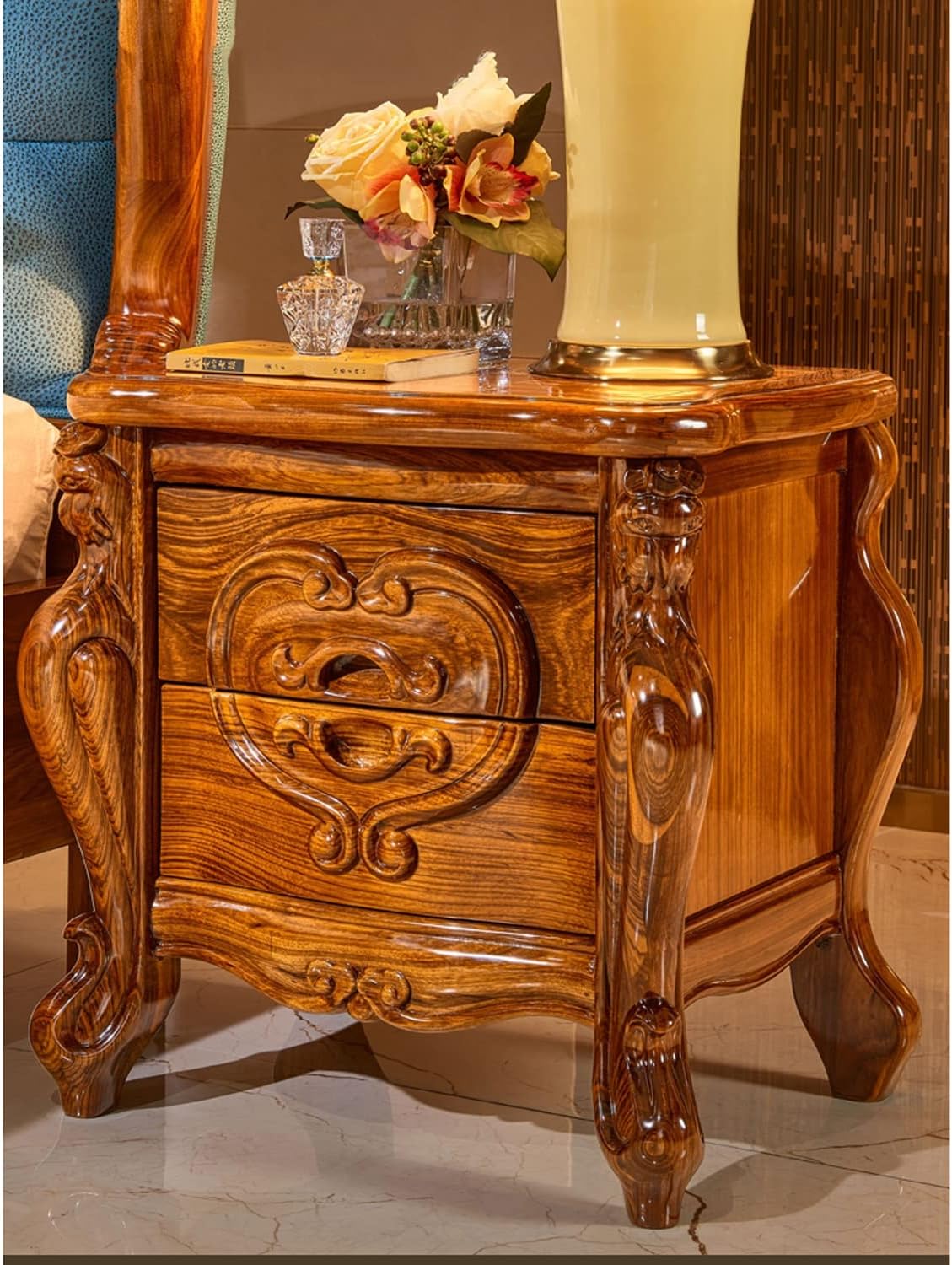Luxury High-end Nightstand, Exquisite Carving Bedside Tables, Solid Wood Nightstands with 2 Drawer, Rectangle Storage Cabinet Furniture for Villa Big House Bedroom