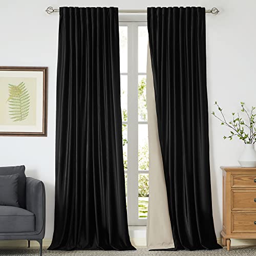 100% Full Blackout Champagne Beige Velvet Curtains 84 inch Long for Living Room,Set of 2 Liner Rod Pocket Back Tab Thermal Window Curtains Room Darkening Heavy Decorative Curtains Drapes for Bedroom