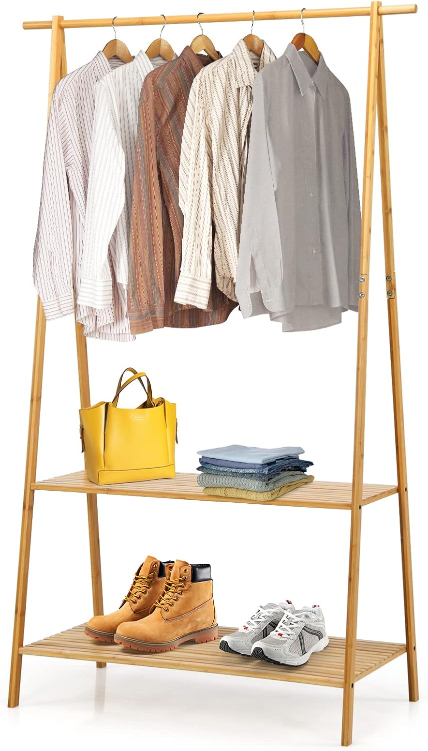 Giantex 2-Tier Bamboo Clothing Rack, 5.3Ft Freestanding Clothes Organizer Rack with Anti-tipping Devices, Cloth Hanger Standing Rack with Bottom Storage Shelves, Garment Racks for Hanging Clothes