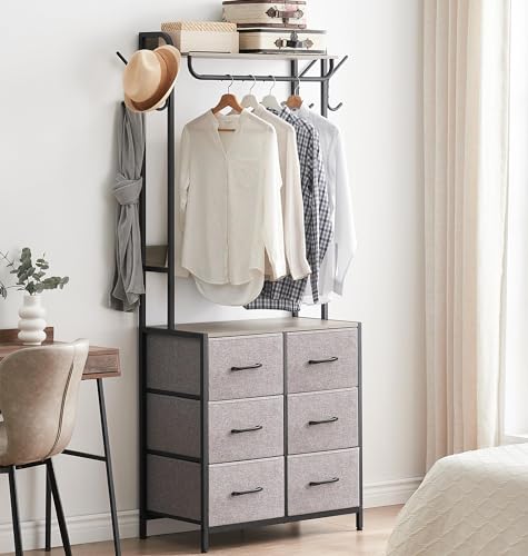 Clothing Rack with Drawers, Heavy Duty Garment Rack with 6 Drawers, Wood Top & Metal Frame, Free Standing Closet Organizer with Top Open Shelf and 4 Side Hooks for Hanging Shirts, Dresses, Jackets