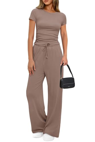 PRETTYGARDEN Women's 2 Piece Outfits Summer Tracksuit Lounge Sets Short Sleeve Crop Tops T Shirts High Waisted Wide Leg Pants