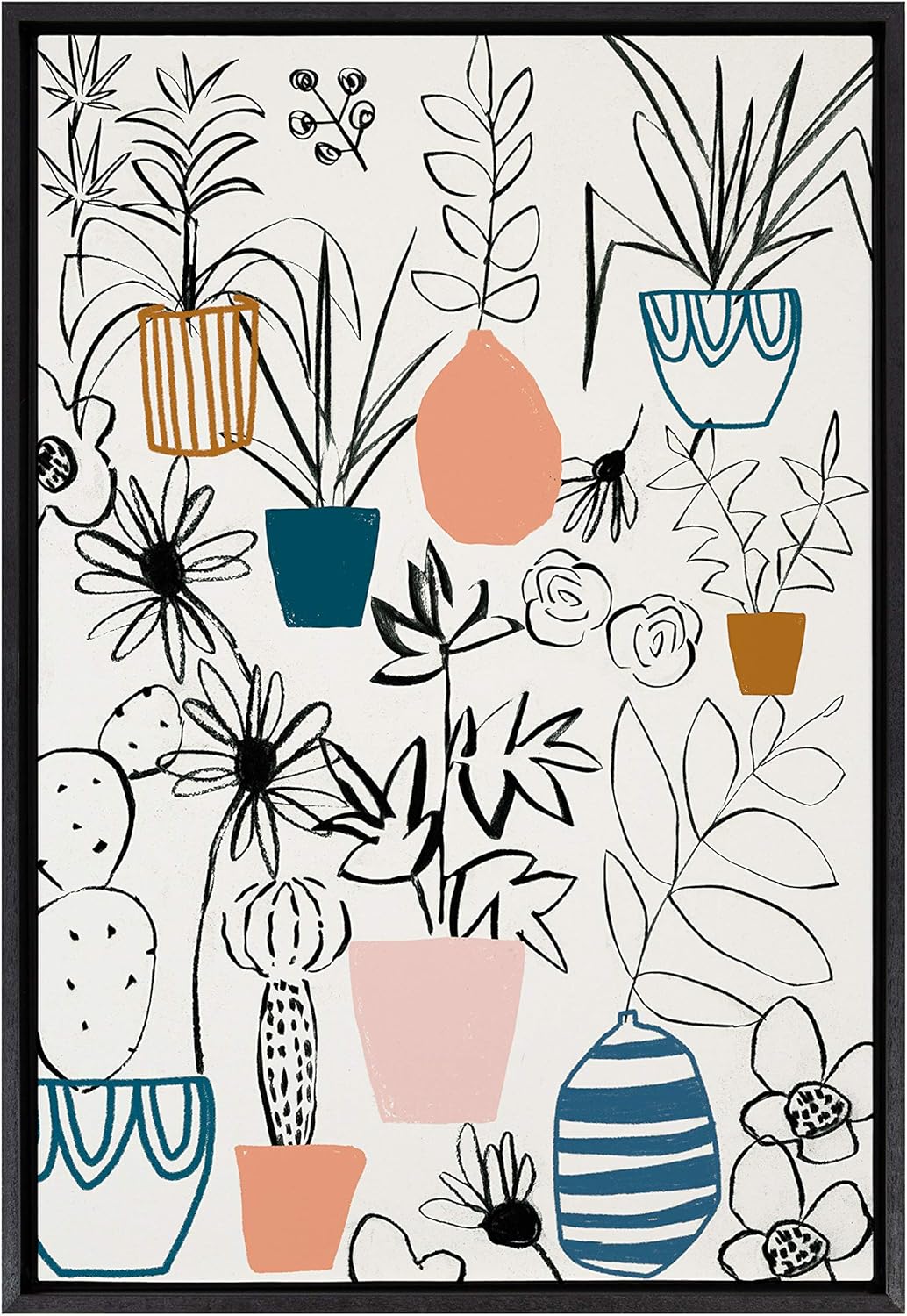 Kate and Laurel Sylvie Plant Kingdom Framed Linen Textured Canvas Wall Art by Teju Reval, 23x33 Black, Whimsical Botanical Wall Decor