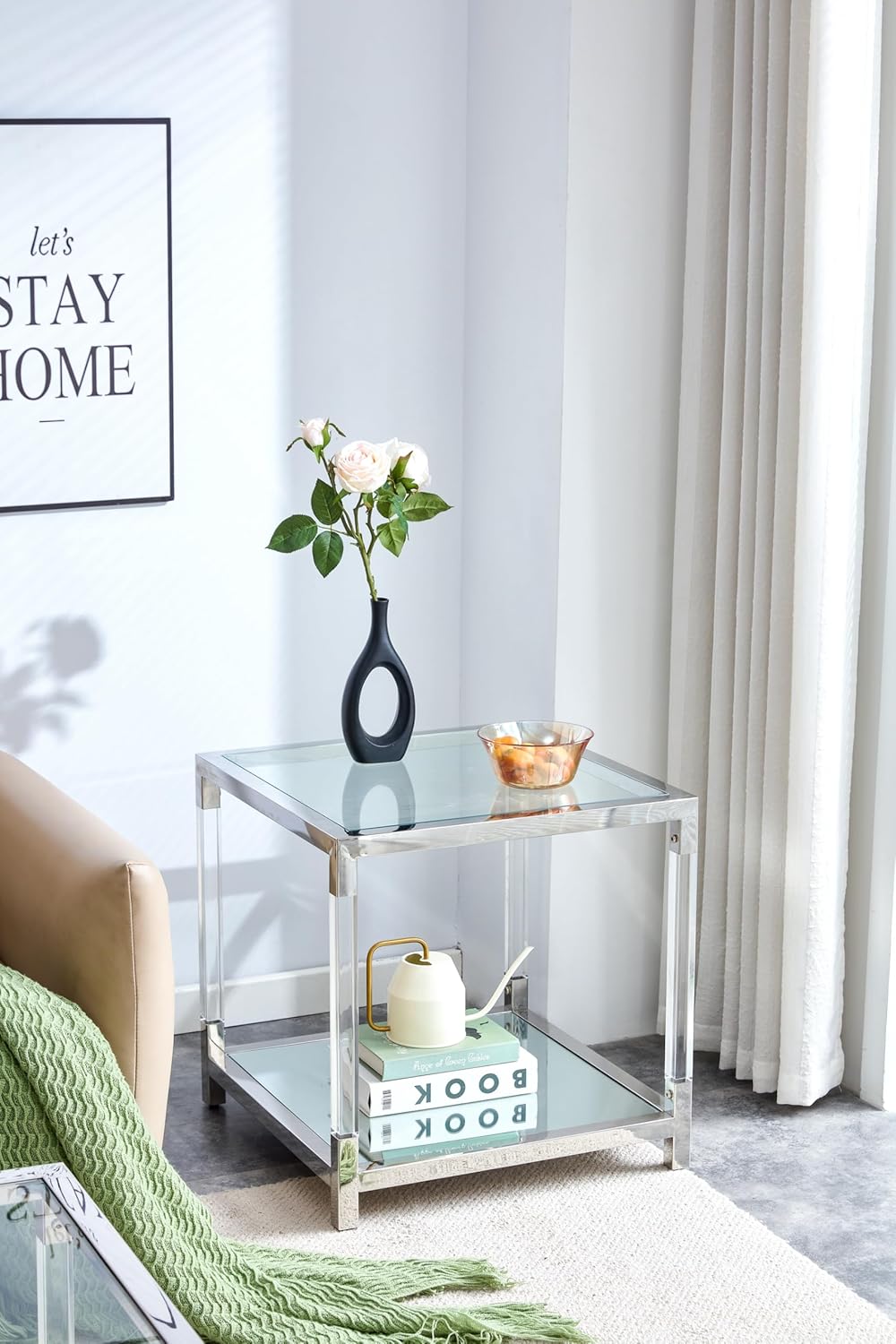 Glass End Table, 2-Tier Acrylic Sofa Side Table, Fashion Design Small Coffee Table with Silver Stainless Steel Frame, 22