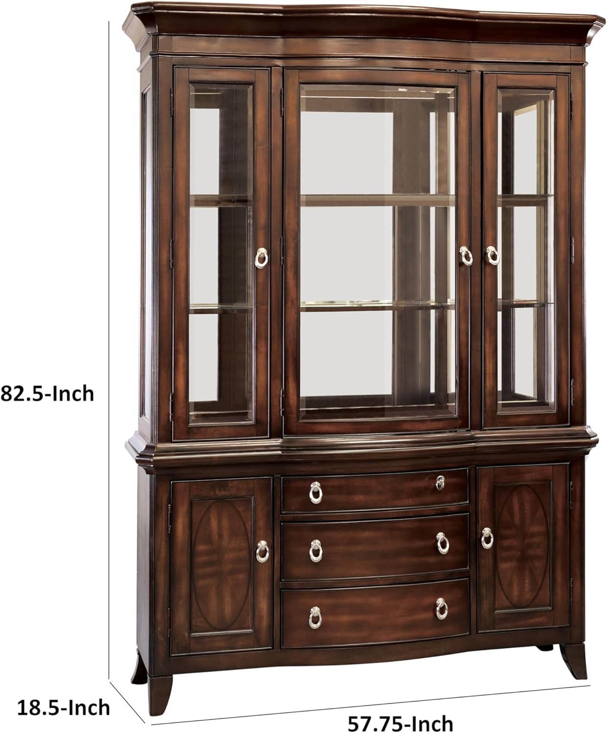 Benjara Kee 83 Inch Buffet and Hutch Cabinet, Ring Handles, Wood Finish, Brown and Nickel