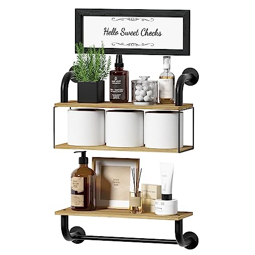 Farmhouse Bathroom Decor Floating Shelves for Wall Decor, Bathroom Shelves Over Toilet, Industrial Pipe Shelves Wall Mounted with Towel Bar, Rustic Wall Shelf for Living Room Bedroom