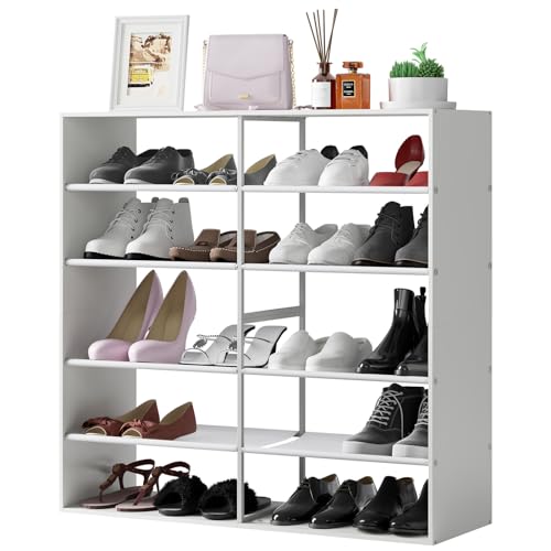 6-Tier Shoe Rack Wooden with Non-woven Fabric, Stackable Shoe Rack Organizer for Closet Entryway Wood Shoe Rack Expandable Kids Small Cubby Shoe Stand for Bedroom Storage Shelf Cabinet (White)