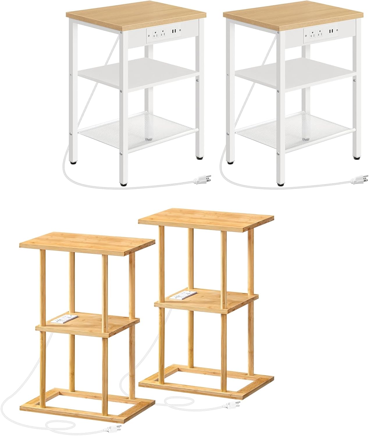 HOOBRO End Tables Set of 2 with Charging Station and Bamboo Side Tables Set of 2 Bundle, Small End Tables for Small Space in Living Room, Bedroom, WN112BZP201-YL151UBZP201