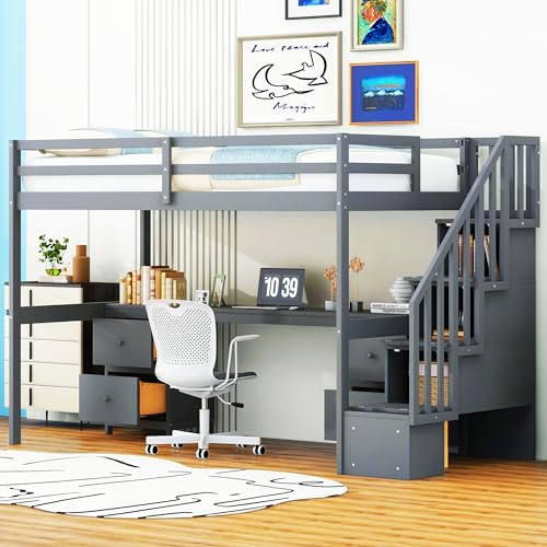 Modern Wooden Twin Size Loft Bed Frame with Built-in Desk and Double Storage Drawers,for Kids Teens Adults Bedroom Use (White@Desk1, Twin)