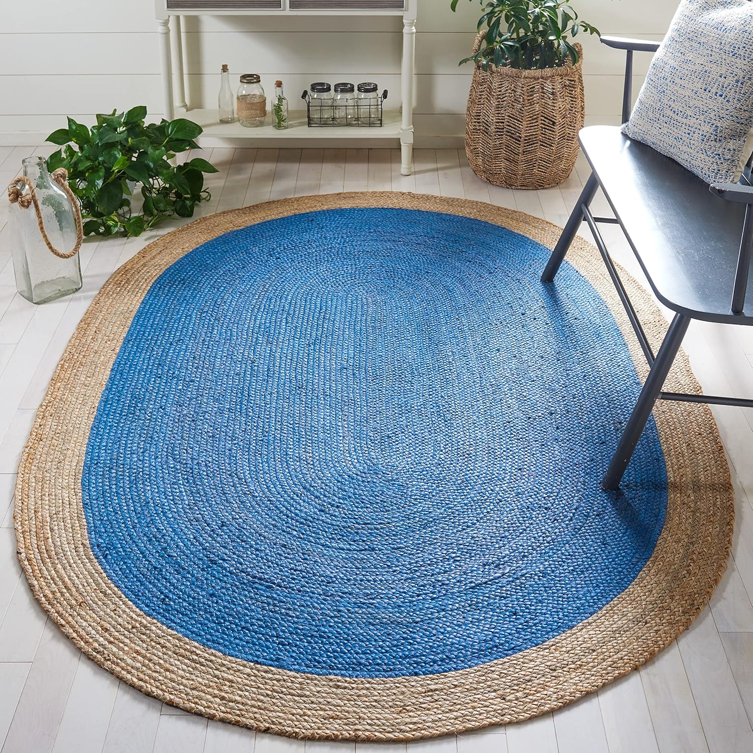 Safavieh Natural Fiber Collection Area Rug - 5' x 8' Oval, Royal Blue & Natural, Handmade Boho Braided Jute, Ideal for High Traffic Areas in Living Room, Bedroom (NF801D)
