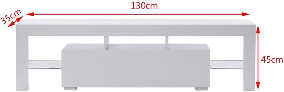 LED TV Stand Cabinet, 130CM Width Modern TV Desk with Storage for Living Room Bedroom Home Furniture, High Gloss TV Cabinet with Free LED Light (White)