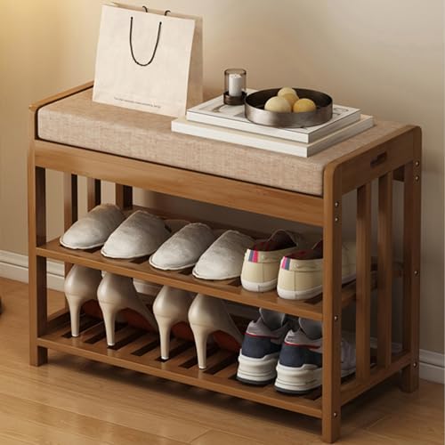 Bamboo Shoe Bench, 2-Tier Shoe Bench for Entryway, Stable Shoe Rack with Cushion Padded Seat for Living Room, Hallway (Size : 50cm/19.7in)