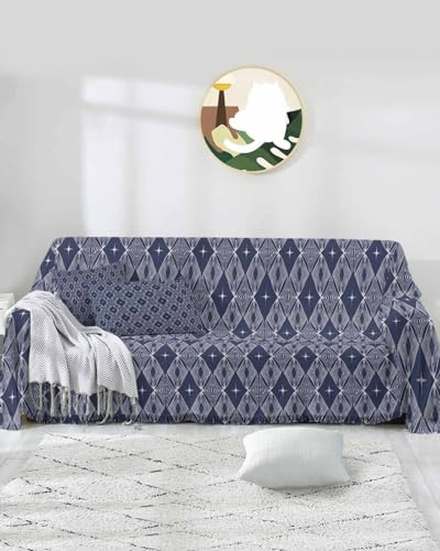 Modern Geometric Blue Sofa Cover Couch Covers for 3 Cushion Couch Throw Couch Cover with Tassel Soft Sofa Slipcover Abstract Rhombic Couch Furniture Protector for Dog Pet 71