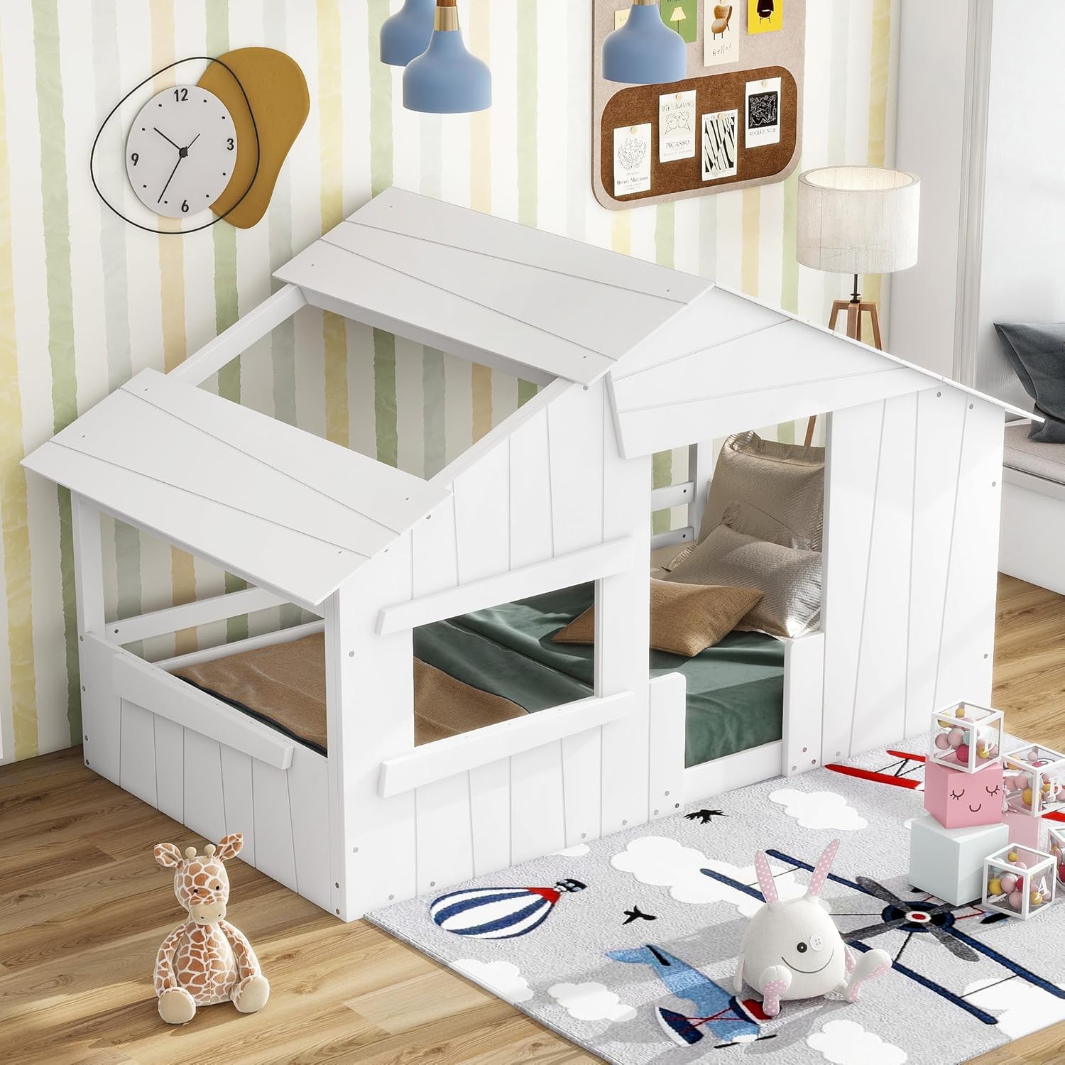 Wood Twin Size House Bed with Roof, Window, and Guardrail, White - Unique Montessori-Inspired Design, Safe and Fun for Kids' Bedroom Decor