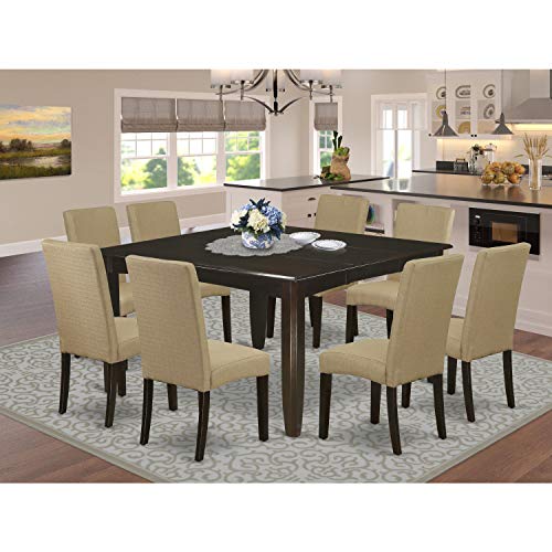 East West Furniture PFDR7-CAP-03 7 Piece Modern Dining Table Set Consist of a Square Wooden Table with Butterfly Leaf and 6 Brown Linen Fabric Upholstered Chairs, 54x54 Inch, Cappuccino