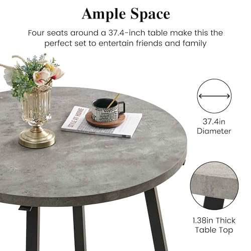 NORDICANA 4-Person Round Dining Table Set for Small Spaces, Industrial Style 37.4 Dia Grey Kitchen Table with Faux Leather Dining Side Chairs, Brown