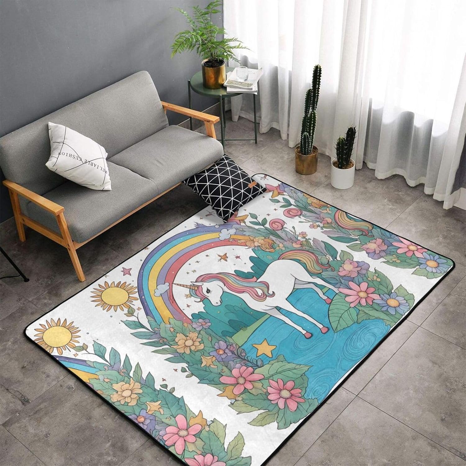 Area Rugs,Living Room Floor Mats Runner Rug Non-Skip Nursery Mat Playing Carpet 60 x 39 inch Unicorns by The river Pattern