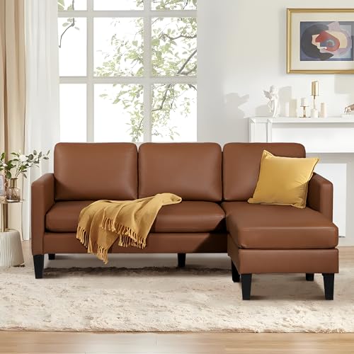 Sectional Sofa, Faux Leather Mid-Century Modern Reversible Couch, 3-Seat L Shaped Sofa Couch with Chaise for Living Room, Apartment and Small Space (Black)