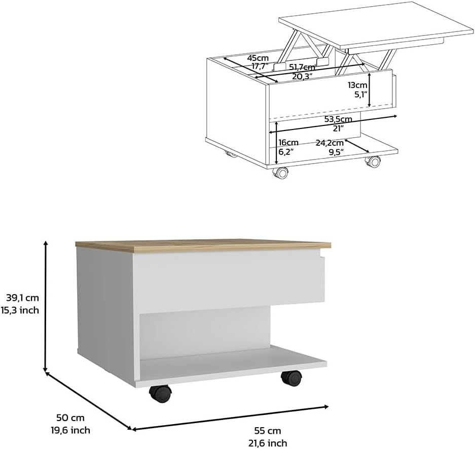 Lift Top Coffee Table Mercuri, Casters, White/Light Oak Finish