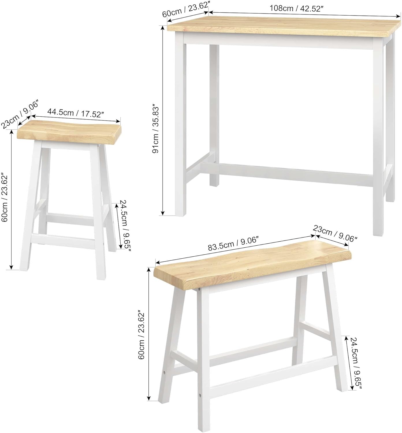 Modern Bar Dining Table Set for 4 All Rubber Wood Kitchen Bistro Counter Height Table Bench Stool for Dining Room Small Space Natural Color & White