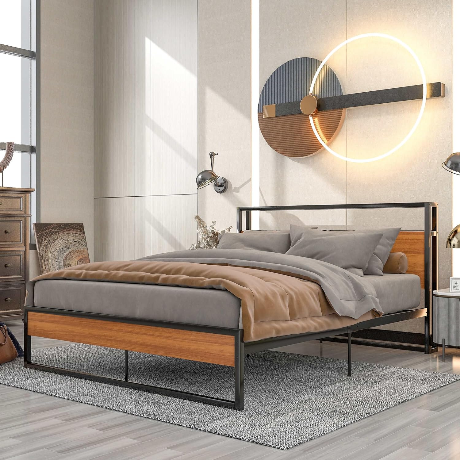 Queen Size Metal and Wood Platform Bed Frame with Outlets, and Slatted Support – No Box Spring Needed, Includes Storage Space