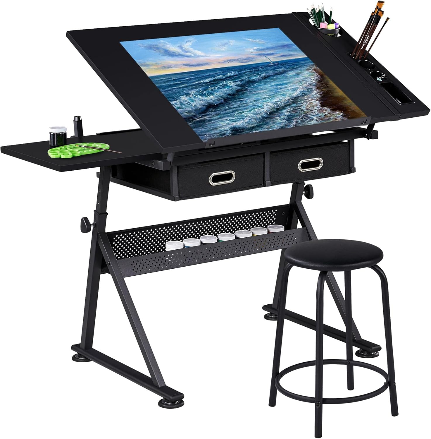 Yaheetech Art Craft Table Drawing Table Height Adjustable Drafting Desk Work Station with Tiltable Tabletop w/Stool and 2 Storage Drawers for Reading, Writing,Studying