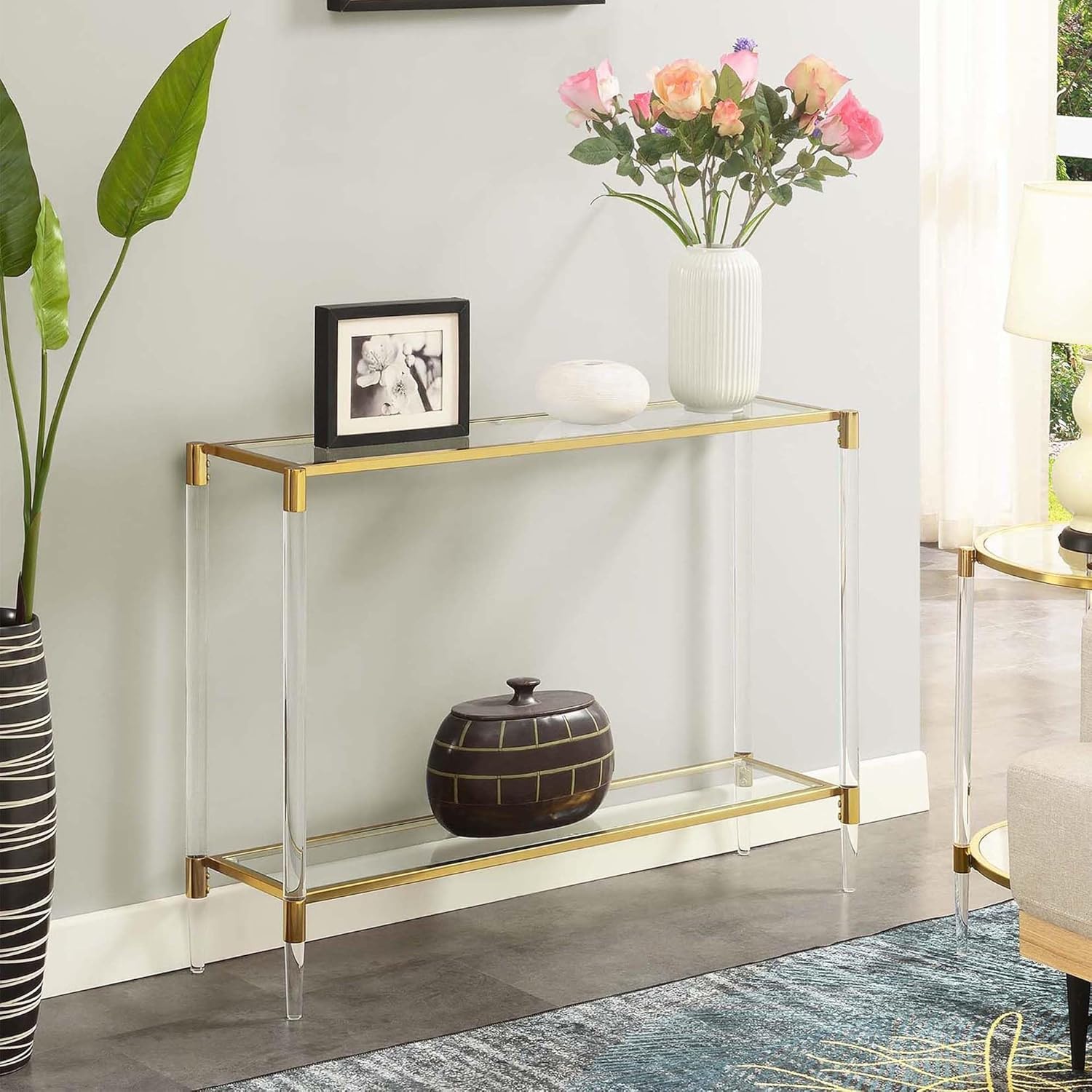 Yadlio Royal Crest 2 Tier Acrylic Glass Console Table - Contemporary Style, Clear Tempered Glass Shelves, Acrylic Legs & Gold Chrome Frames - Luxurious Addition for Home Decor