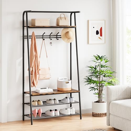 Coat Rack Shoe Bench with 5 Hooks, Entryway Hall Trees with Storage, Multifunctional Hallway Organizer, Wood Look Accent Furniture with Metal Frame, 4-in-1 Hall Trees Shoe Bench (5 Hooks-31.5 In)